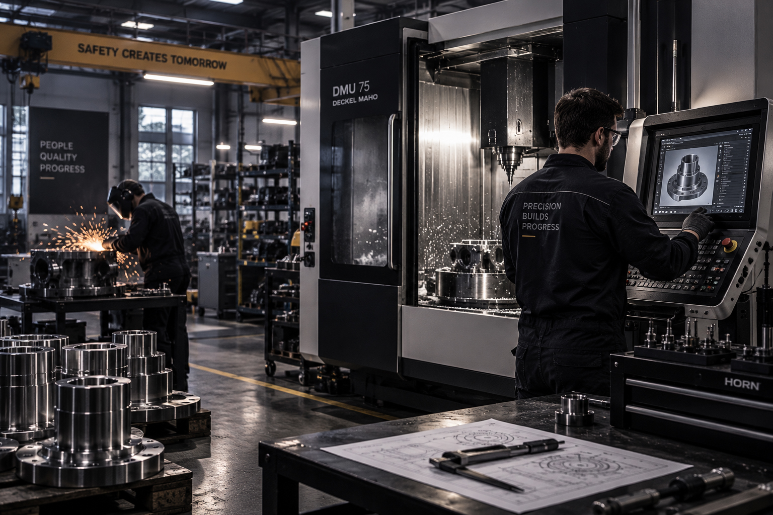 Industrial manufacturing photography showing a CNC machine operator, precision metal components, technical drawings, and active production inside a modern engineering facility.