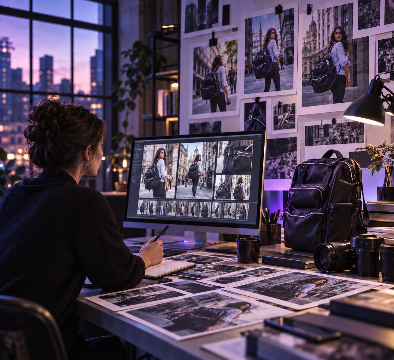 Creative review workspace showing a lifestyle bag photography campaign with edited images on screen, printed selects, contact sheets, camera equipment, and the featured black bag beside the workstation.