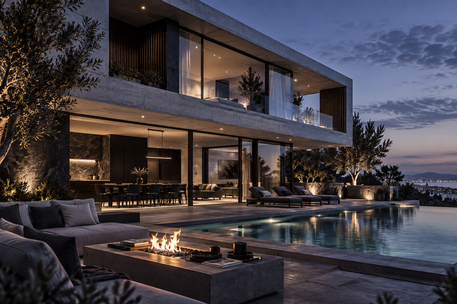 Luxury residential architecture photographed at twilight with illuminated interiors, floor-to-ceiling glazing, landscaped terraces, infinity pool, and outdoor fire feature.