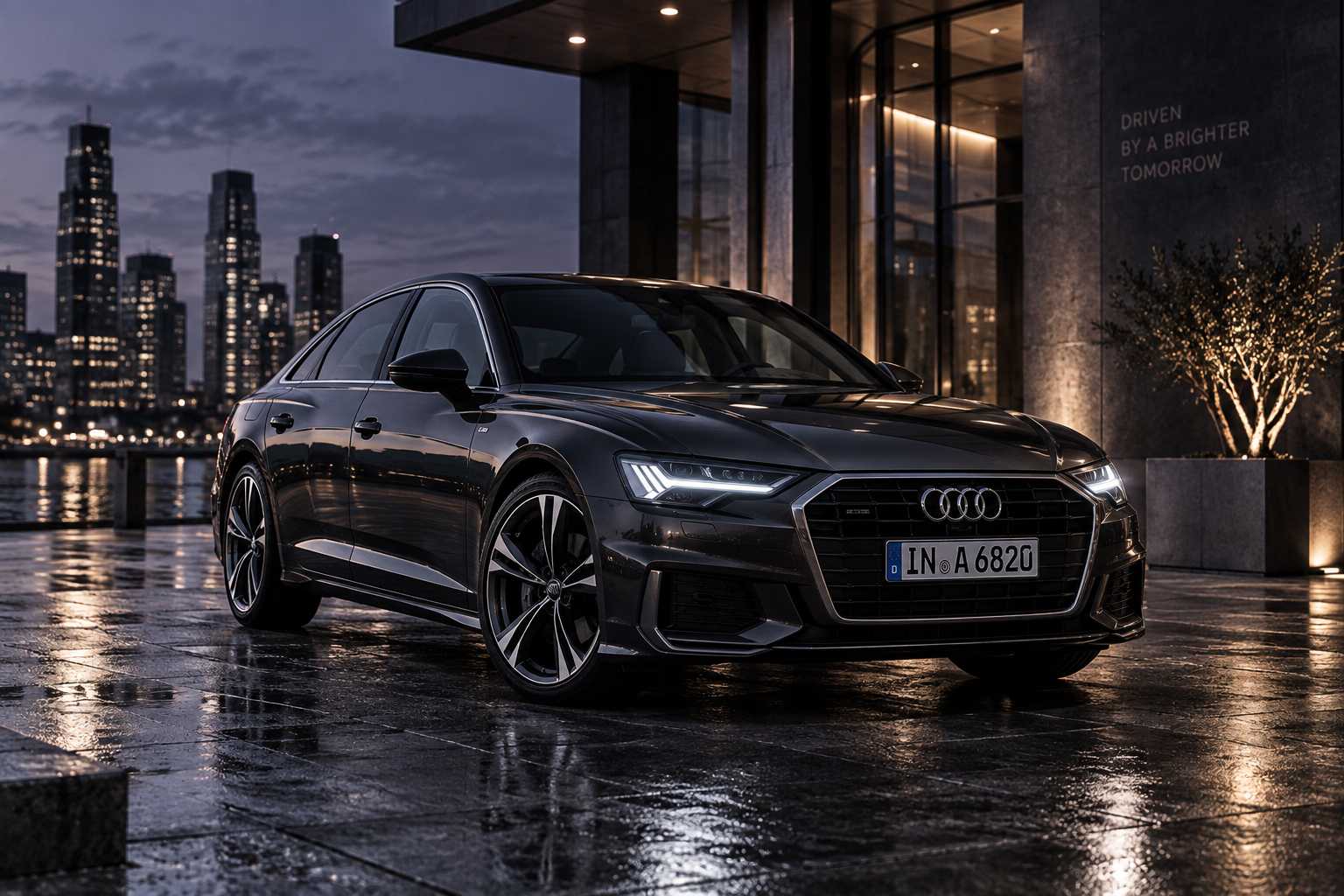 Luxury automotive photography showing a dark Audi sedan parked outside a modern building at twilight with illuminated city skyline, wet pavement, and controlled architectural lighting.