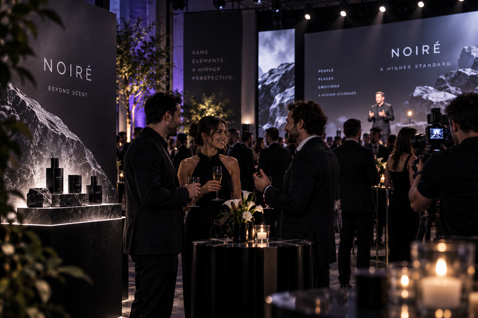 Luxury brand event photography showing guests networking during an elegant product launch while a photographer documents the event, branded displays, presentation stage, and premium atmosphere.