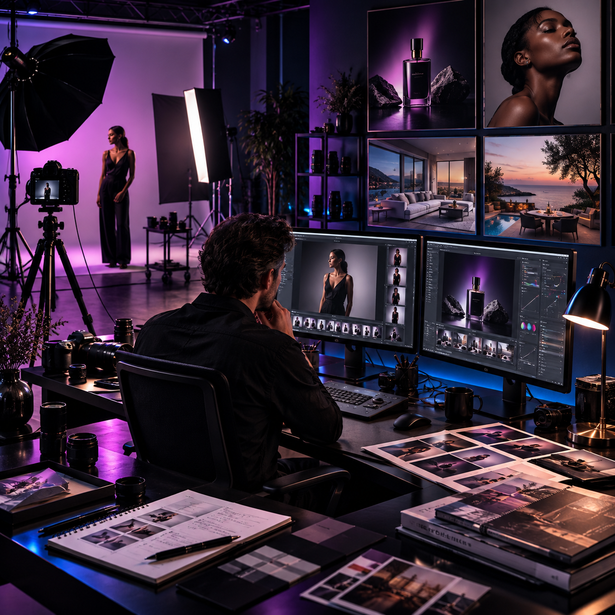 Creative director reviewing portrait, product, interior, and hospitality photography on dual monitors inside a professional photography studio, with a live portrait set and lighting equipment visible in the background.