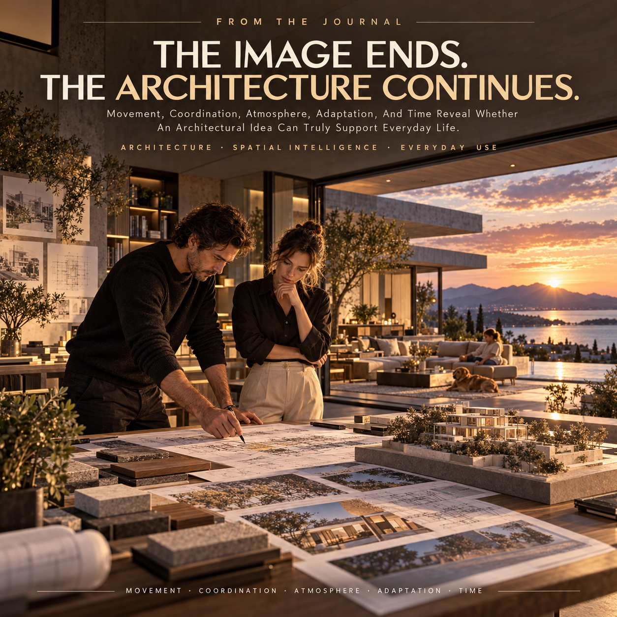 Architectural team reviewing plans, material samples, project photographs, and a physical model inside a refined contemporary space at sunset, representing architecture as a continuous process from design intent to everyday life.