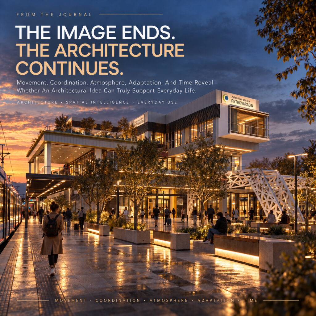 Contemporary railway station architecture at dusk with people moving through an active public space, illustrating how architecture continues beyond visual representation through movement, occupation, atmosphere, and everyday use.
