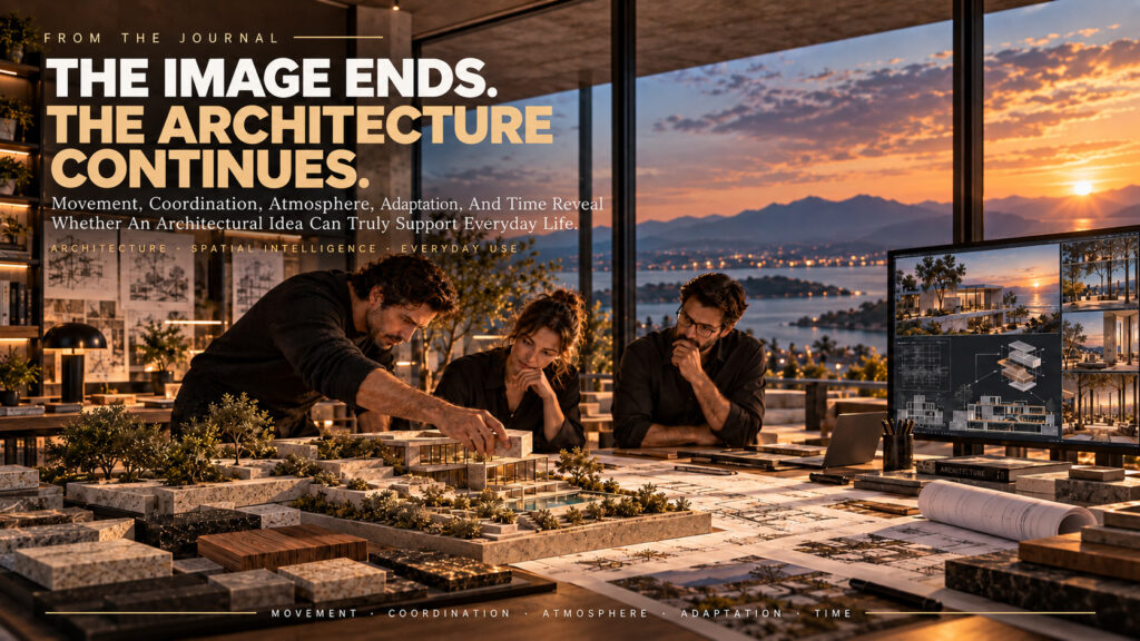 Architectural team working with a physical model, drawings, material samples, plans, and digital visualizations in a studio, representing the coordination behind an architectural idea before it becomes lived space.