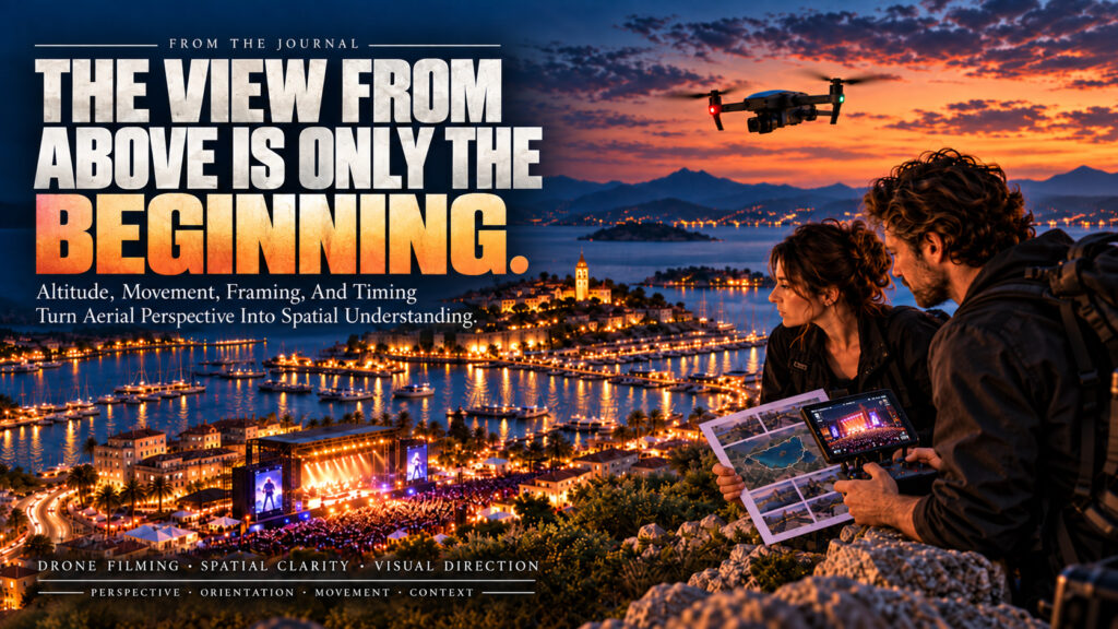 Horizontal Journal thumbnail showing two drone operators planning an aerial shoot above a coastal town at dusk with a drone in flight, marina lights, and a live event scene below.