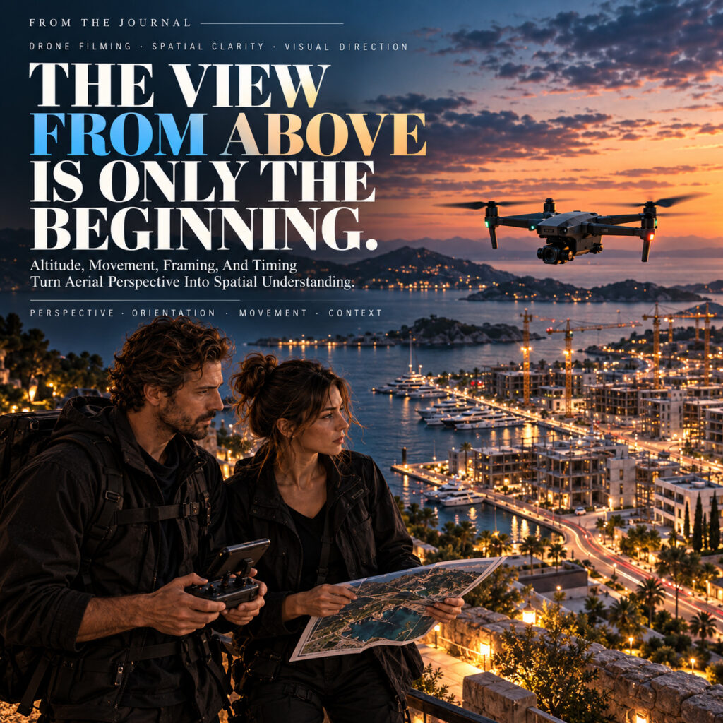 Drone filming Journal cover showing two visual directors overlooking a coastal marina at sunset while reviewing aerial route material beside a flying drone.