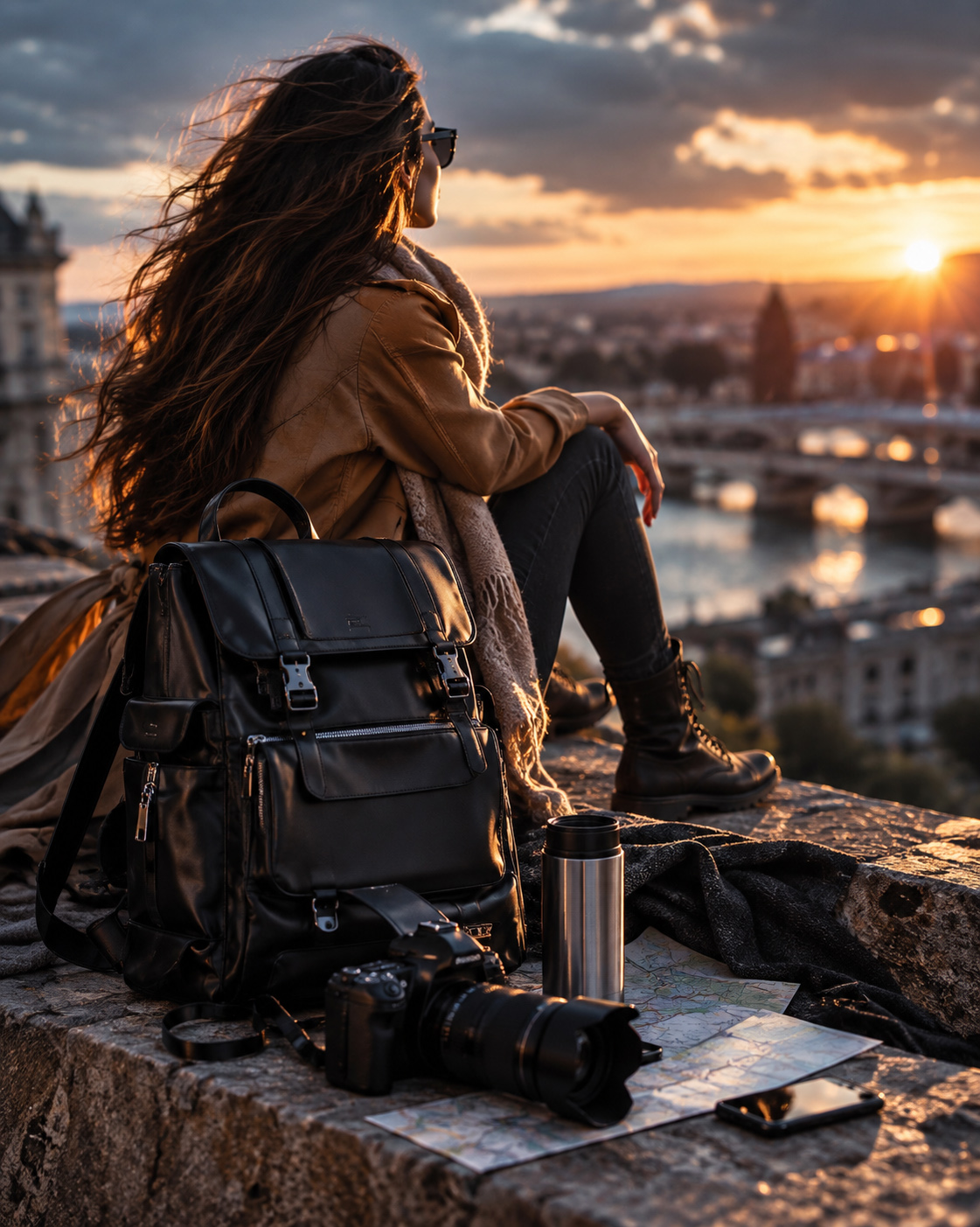 Woman sitting at a scenic city viewpoint at sunset beside a black leather backpack, camera, map, travel mug, and smartphone.