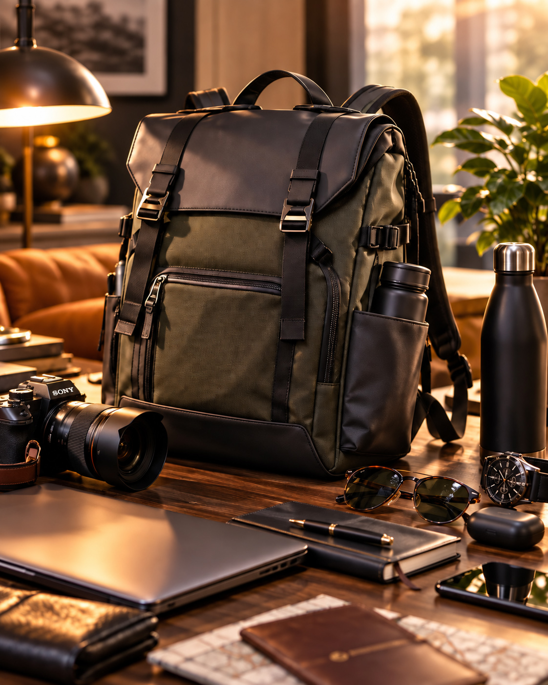 Olive green and black travel backpack photographed on a wooden desk with a camera, laptop, notebook, sunglasses, smartphone, watch, and reusable bottles in a warm creative workspace.