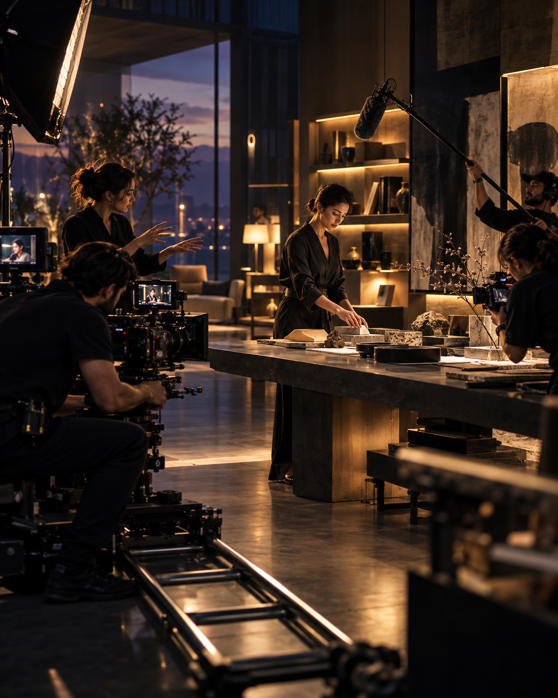 Professional videography crew directs and films a woman performing at a table while coordinating camera movement, lighting, sound, and scene details.