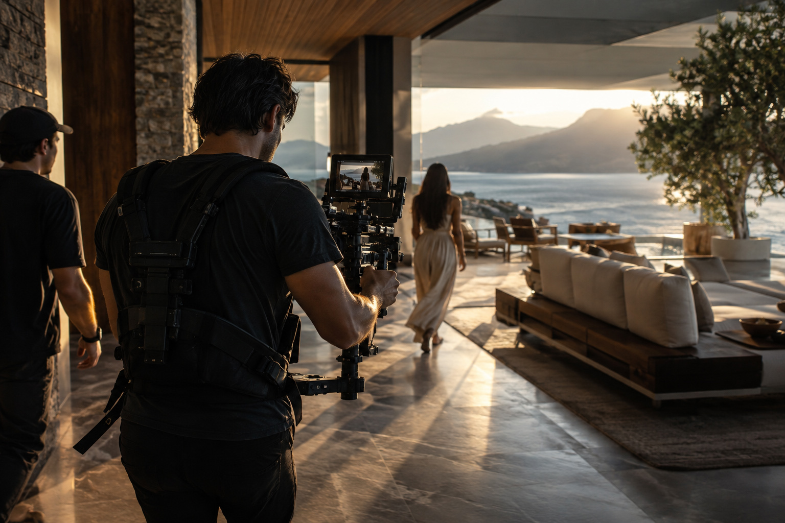 Camera operator filming a woman moving through a luxury coastal interior during an architectural and hospitality video production.