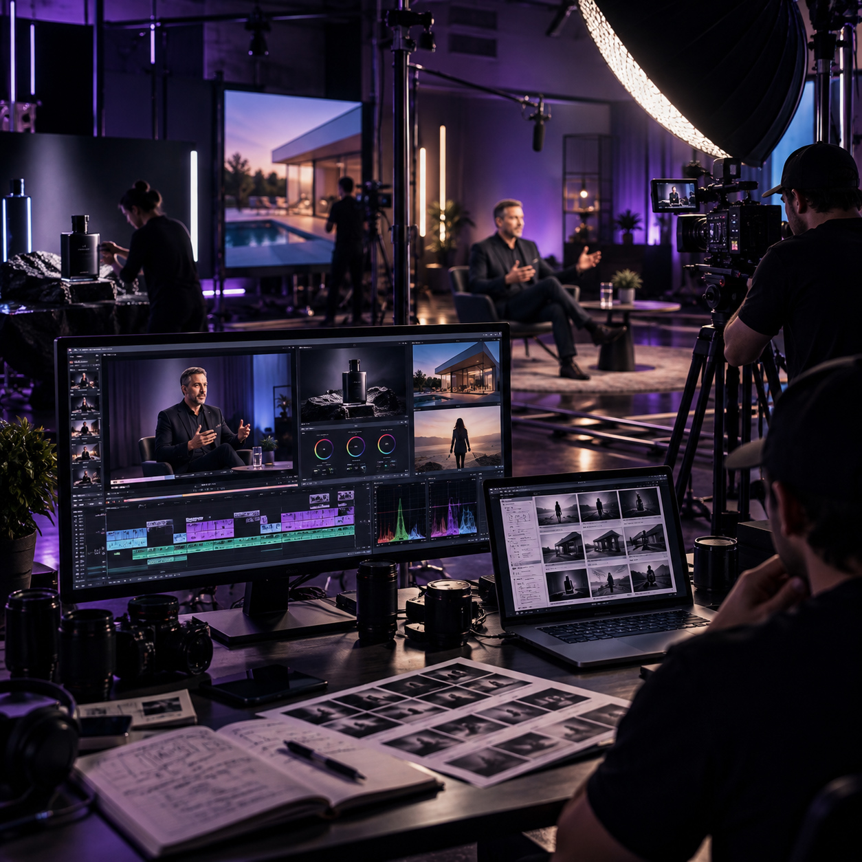 Professional videography production studio with cinema camera crew, interview filming, lighting equipment, monitoring screens, and active post-production workspace.