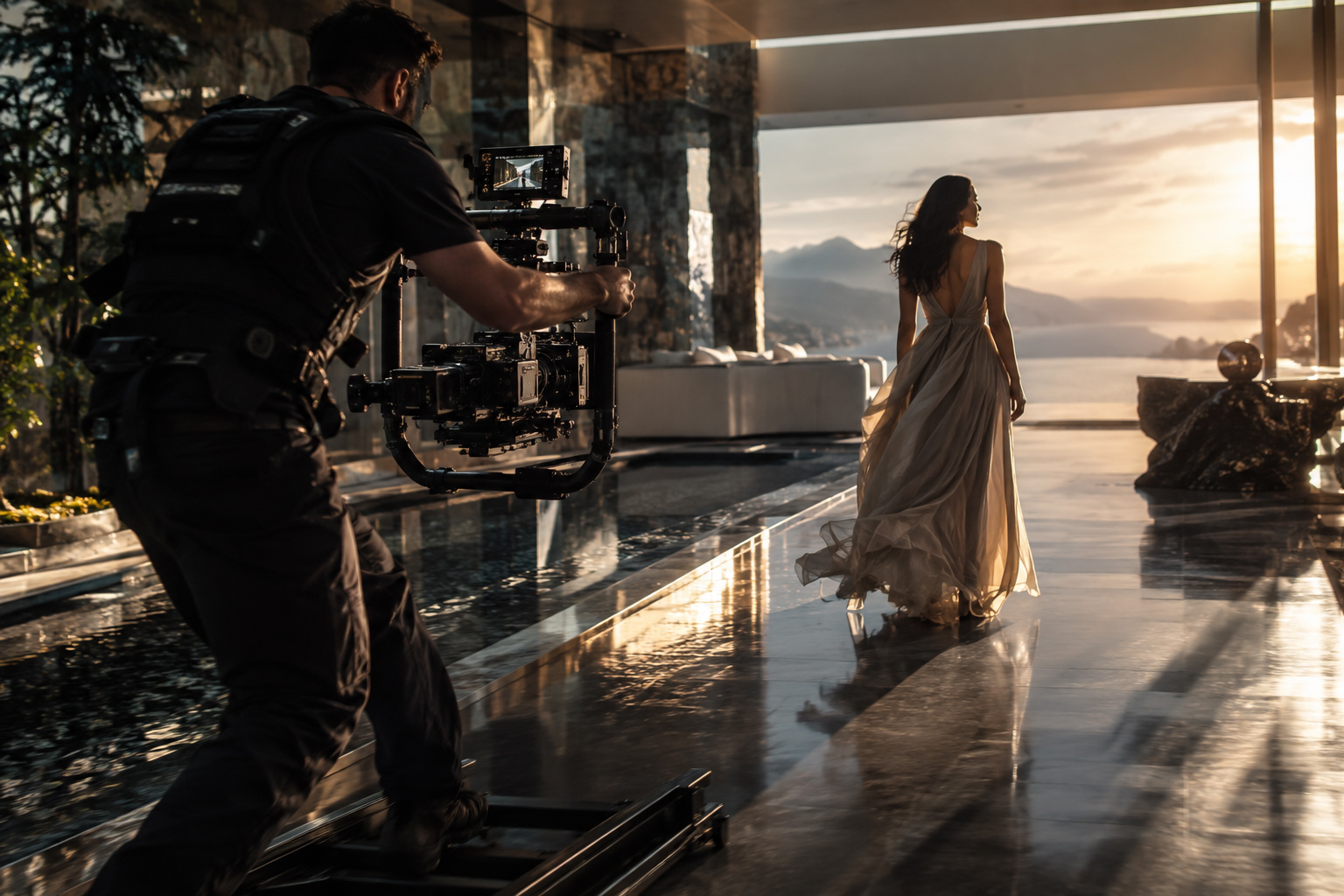 Camera operator using a professional stabilized cinema rig to follow a subject through a luxury architectural interior at sunset.