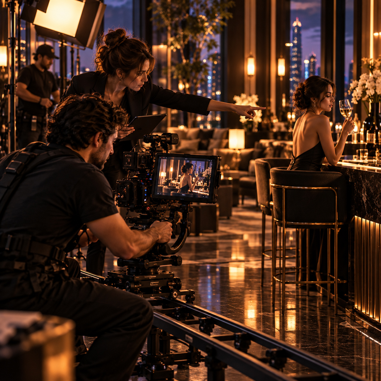 Creative director guides a videography crew during a cinematic bar scene while a camera operator films a seated woman using a professional slider system.