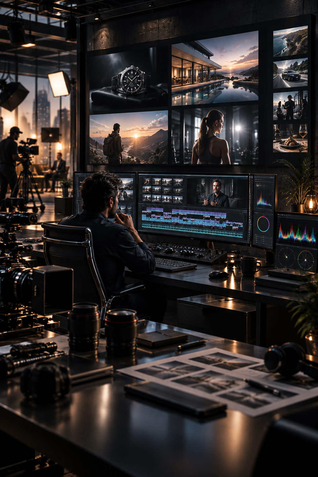 Professional cinematic film editing suite with multi-screen post-production workflow, color grading controls, production footage, cameras, and cinema lenses.
