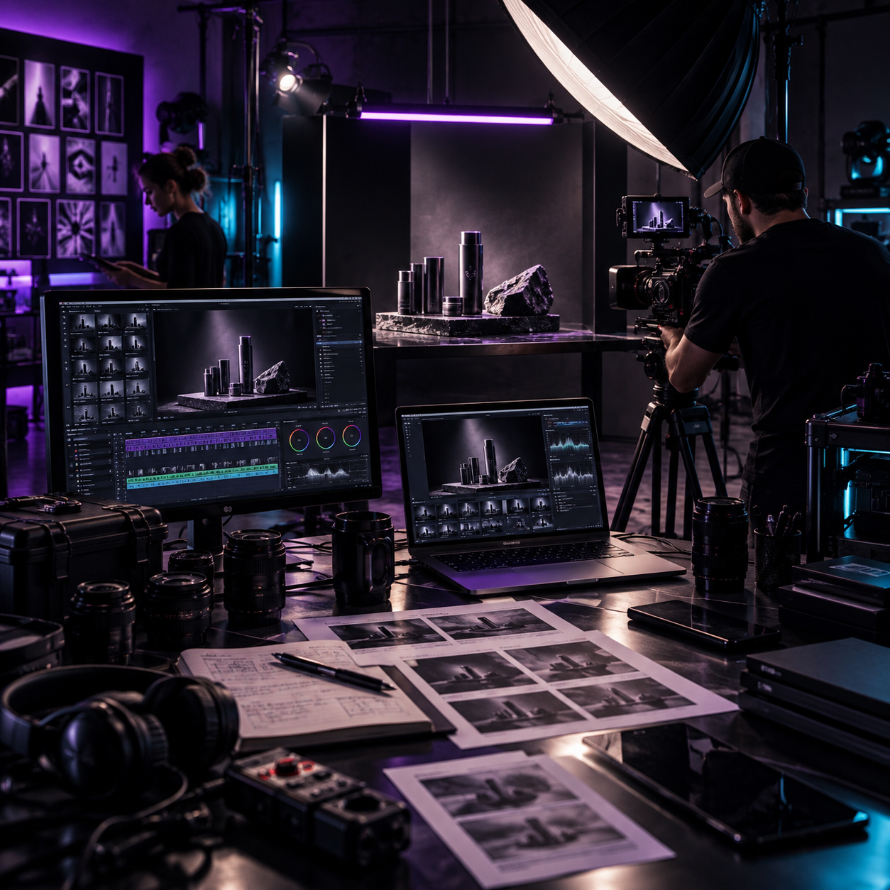 Cinematic product video production workspace with professional camera, lighting, luxury product set, editing monitors, lenses, and production reference materials.