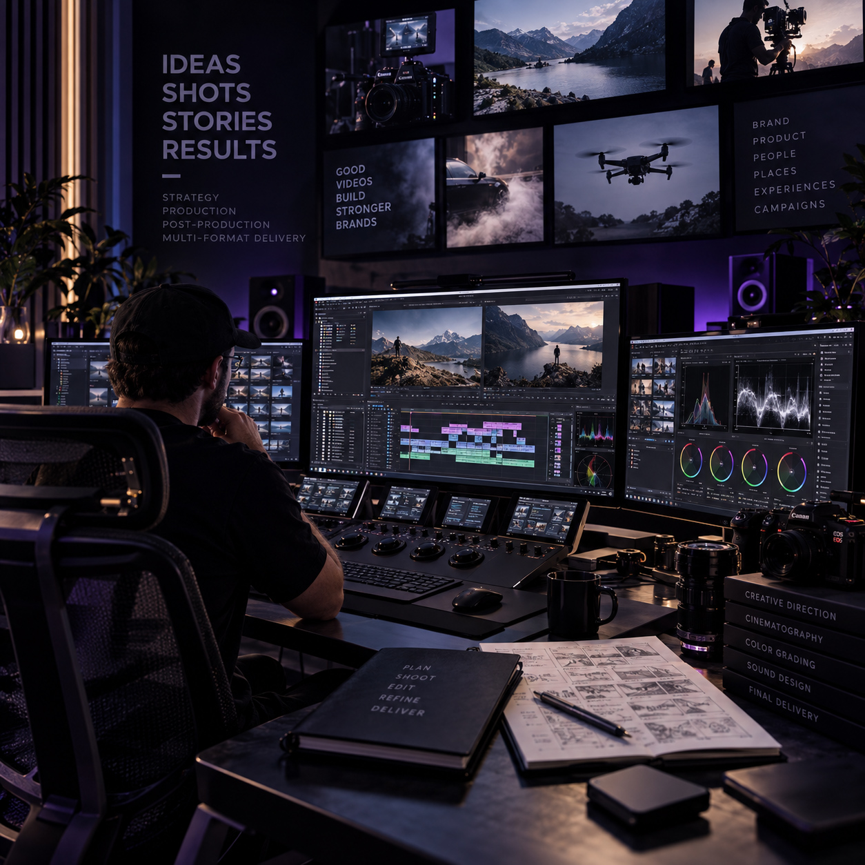 Professional video editor working in cinematic post-production studio with multiple monitors, editing timeline, color grading controls, footage review, and production equipment.