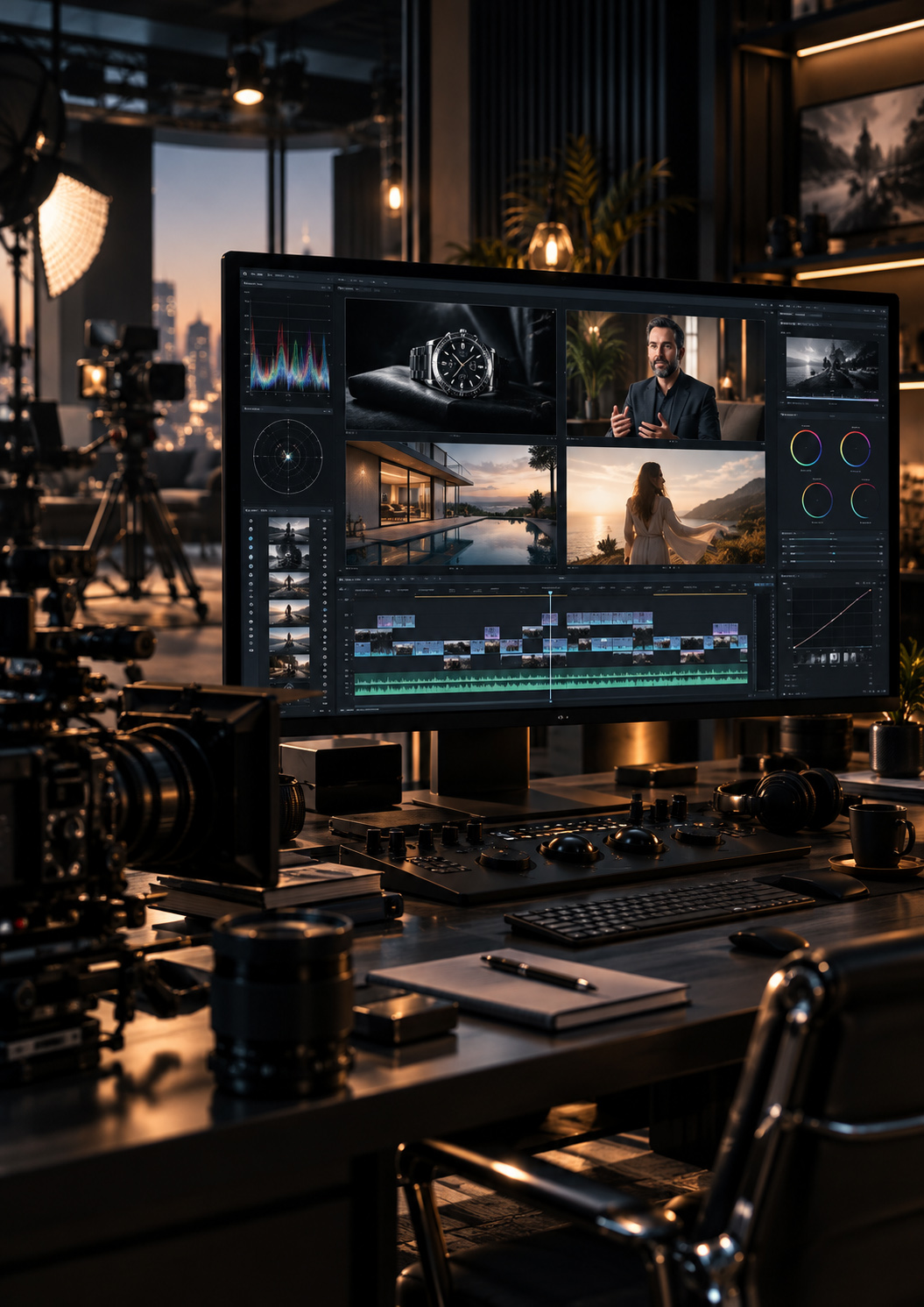Professional cinematic video editing and post-production studio with multi-screen timeline, color grading controls, camera equipment, and production footage.