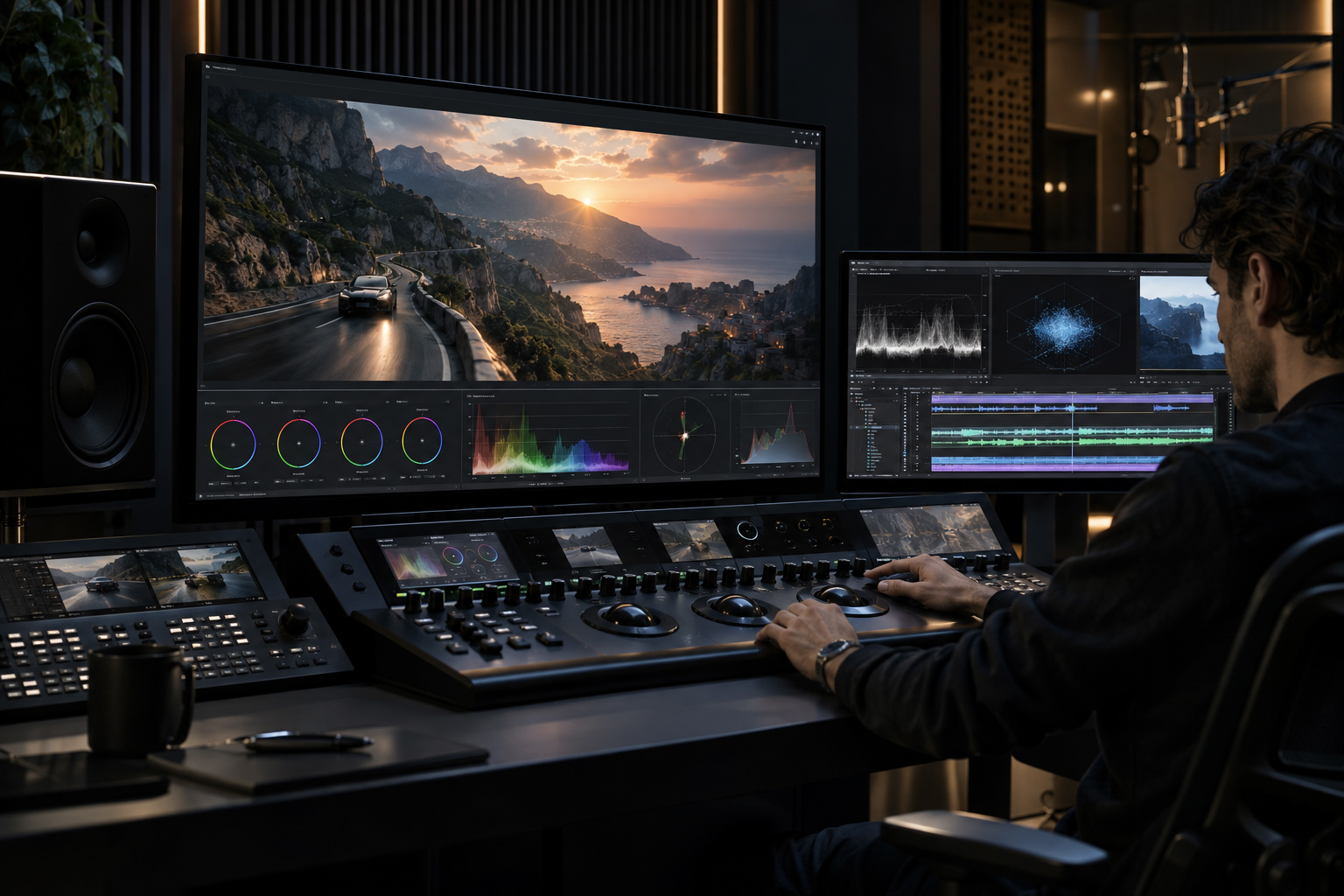 Professional colorist working at a cinematic color grading and audio post-production workstation with multiple monitoring displays.
