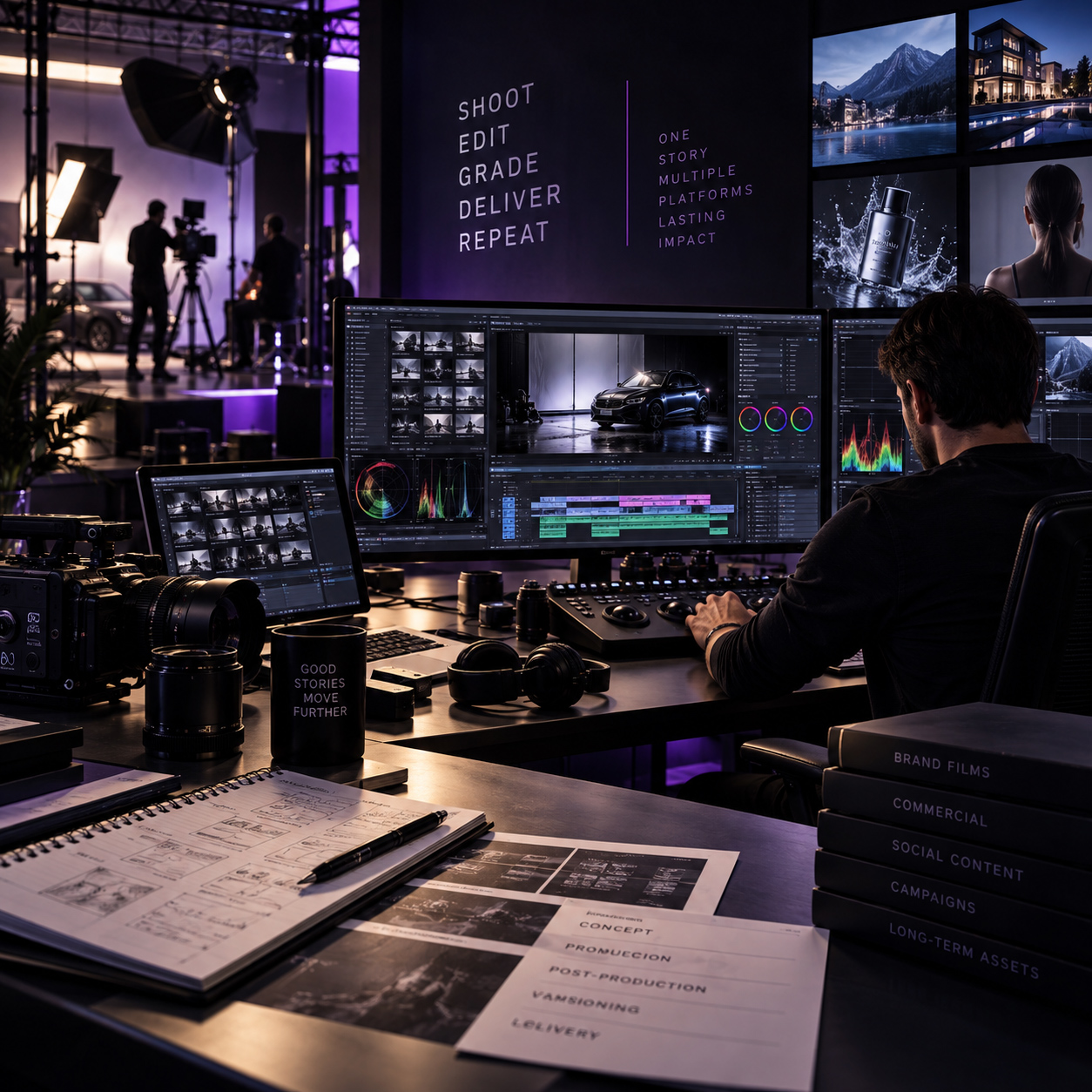 Complete professional videography studio combining cinema production, editing, color grading, campaign footage, cameras, lenses, and multi-format visual content.