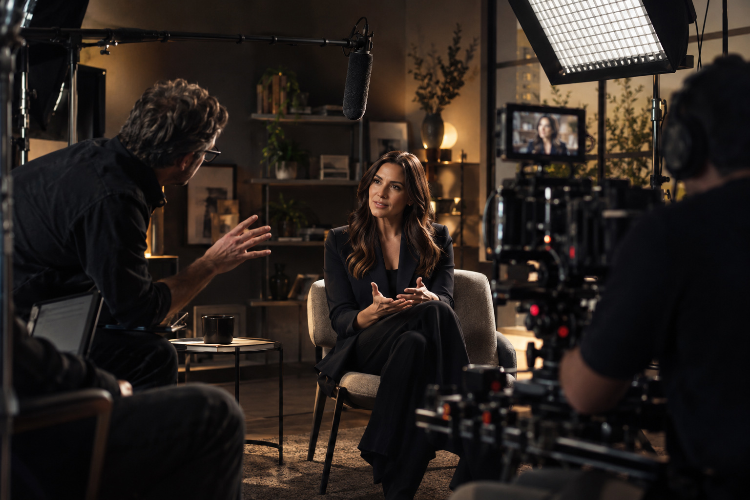 Director speaking with an interview subject during a professionally lit filmed interview with cinema camera and boom microphone.