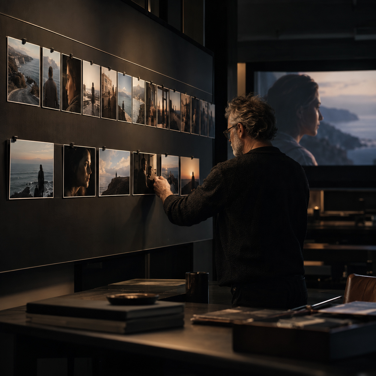 Film editor arranging printed cinematic frames on a wall while reviewing a larger scene on a projection screen in a dark studio.