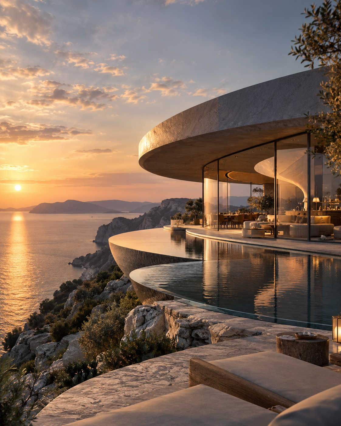 Cinematic sunset view of a contemporary coastal villa with curved architecture, infinity pool, rocky shoreline, and open sea.