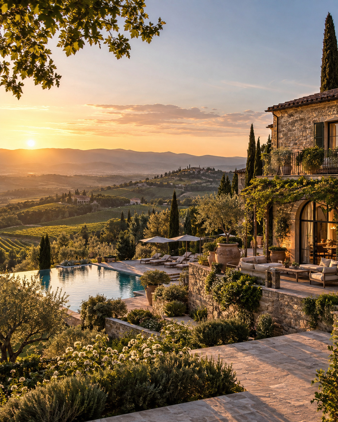 Cinematic golden-hour view of a stone villa with an infinity pool overlooking vineyards, rolling hills, and a distant countryside landscape.