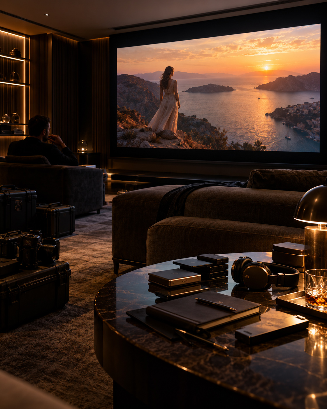 Filmmaker reviewing a cinematic sunset sequence on a large screening display with professional camera equipment and production materials nearby.