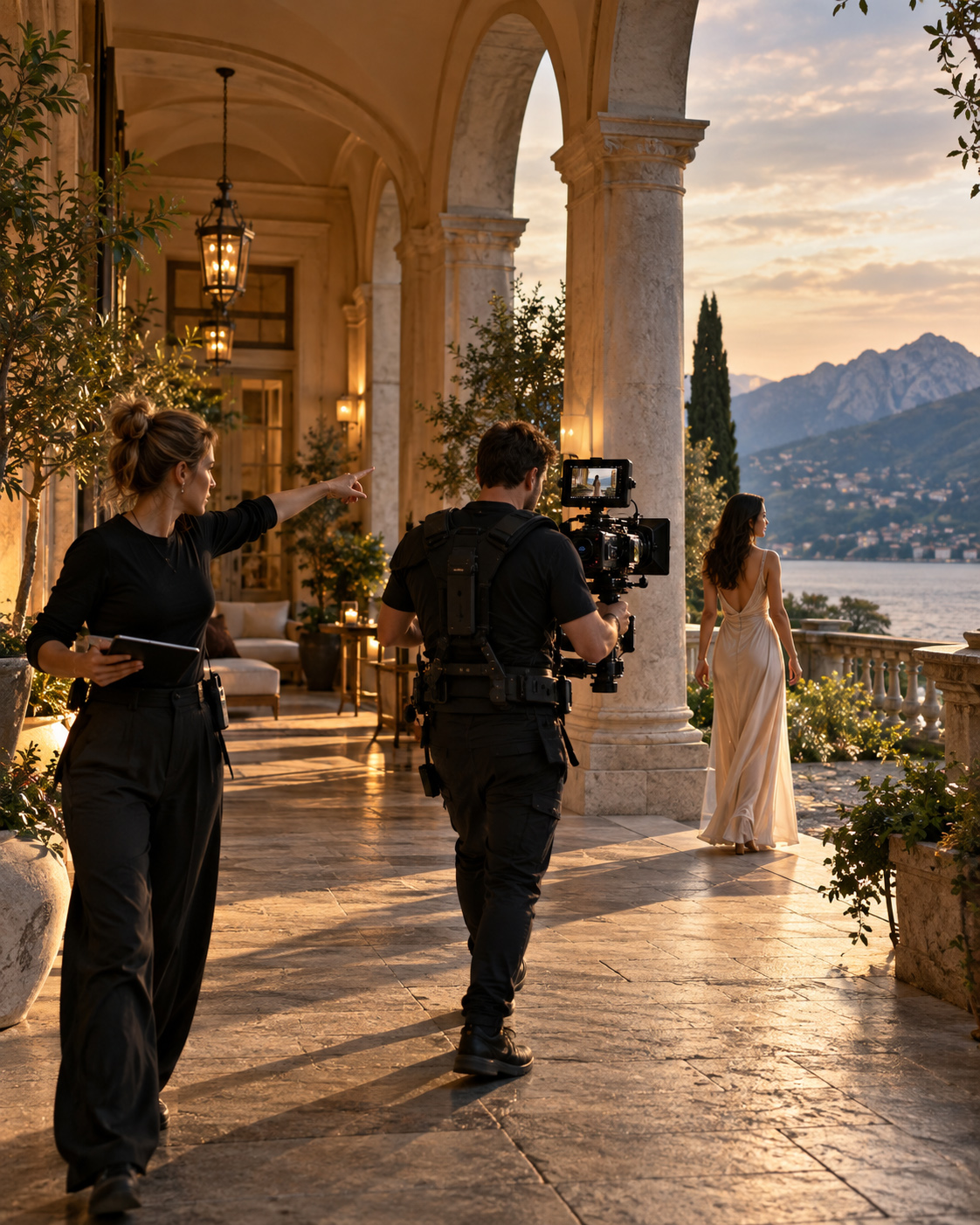 Videography director and camera operator filming a woman walking along a luxury terrace at golden hour with a mountain and waterfront backdrop.