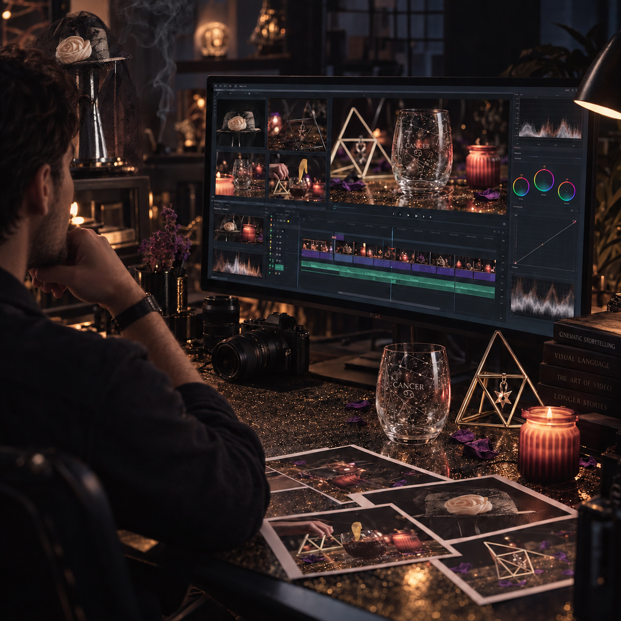 Professional video editor reviewing cinematic Cancer-themed footage, color grading, sequencing, and visual storytelling in a dedicated post-production workspace.