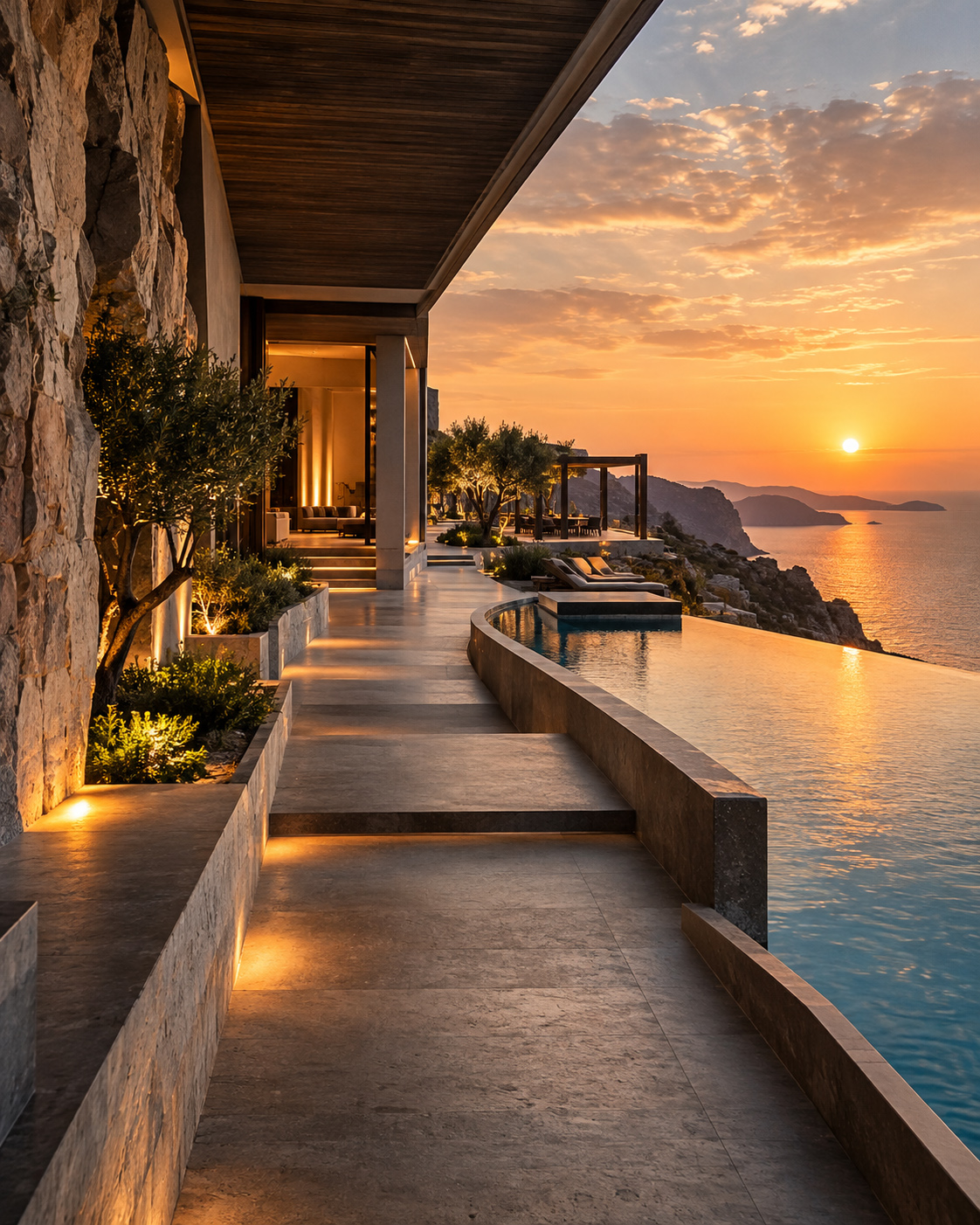 Cinematic establishing shot of a luxury coastal villa and infinity pool at sunset overlooking the sea.