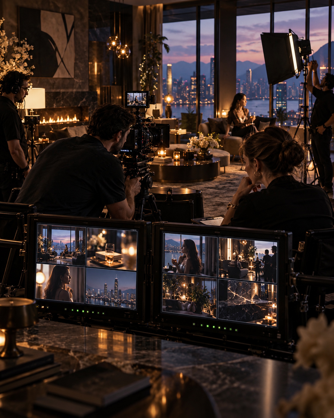 Videography team monitoring a luxury interior night shoot through dual production screens while filming a seated subject in an upscale waterfront setting.