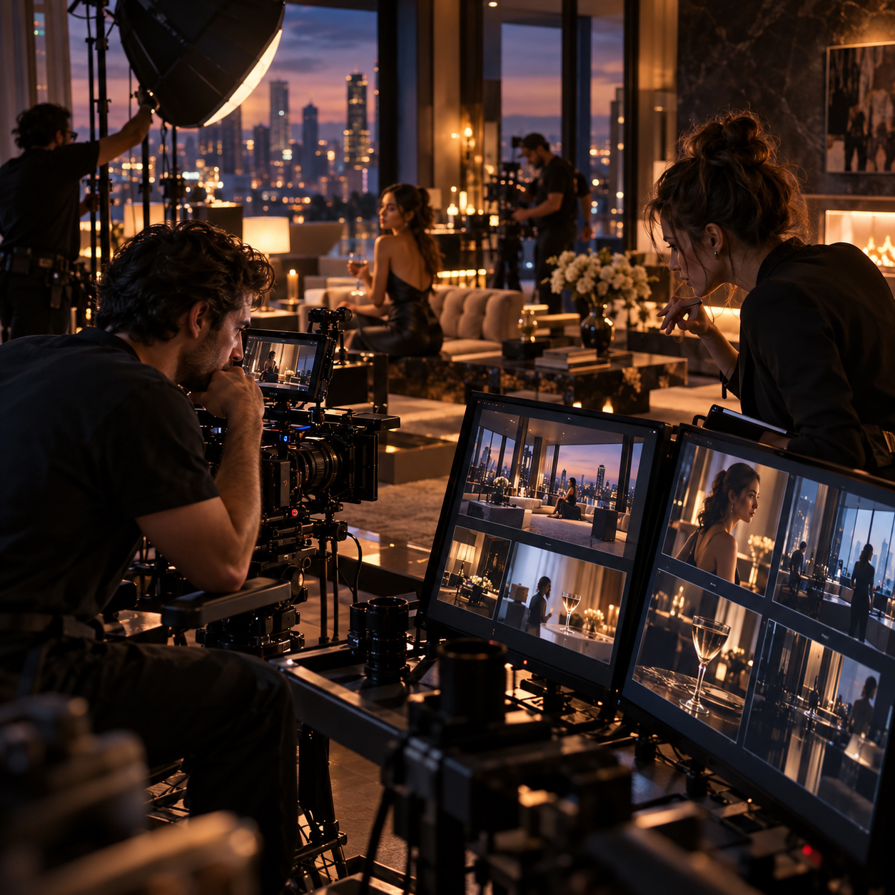 Videography team monitors a cinematic interior scene while a camera operator films a woman in an evening setting with controlled lighting and production equipment.