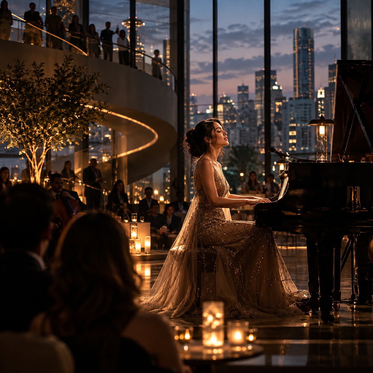 Elegant pianist performing at a grand piano during an intimate evening event with guests, warm ambient lighting, and a city skyline visible through large windows.
