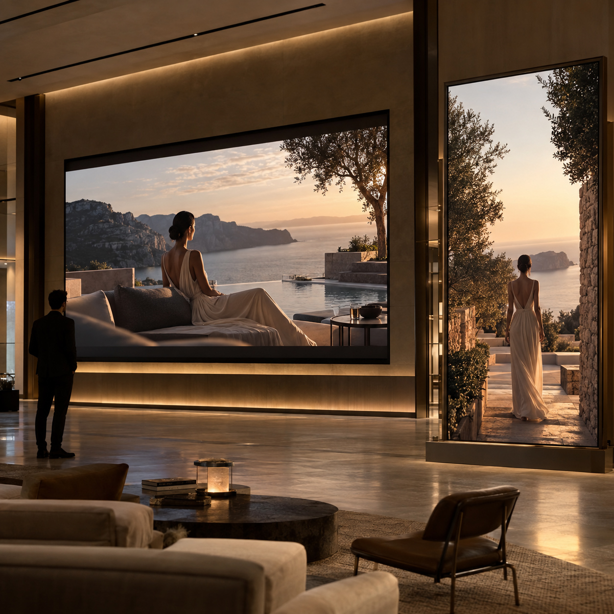 Horizontal and vertical displays present complementary cinematic shots of a woman in a coastal sunset setting within a gallery-like viewing environment.