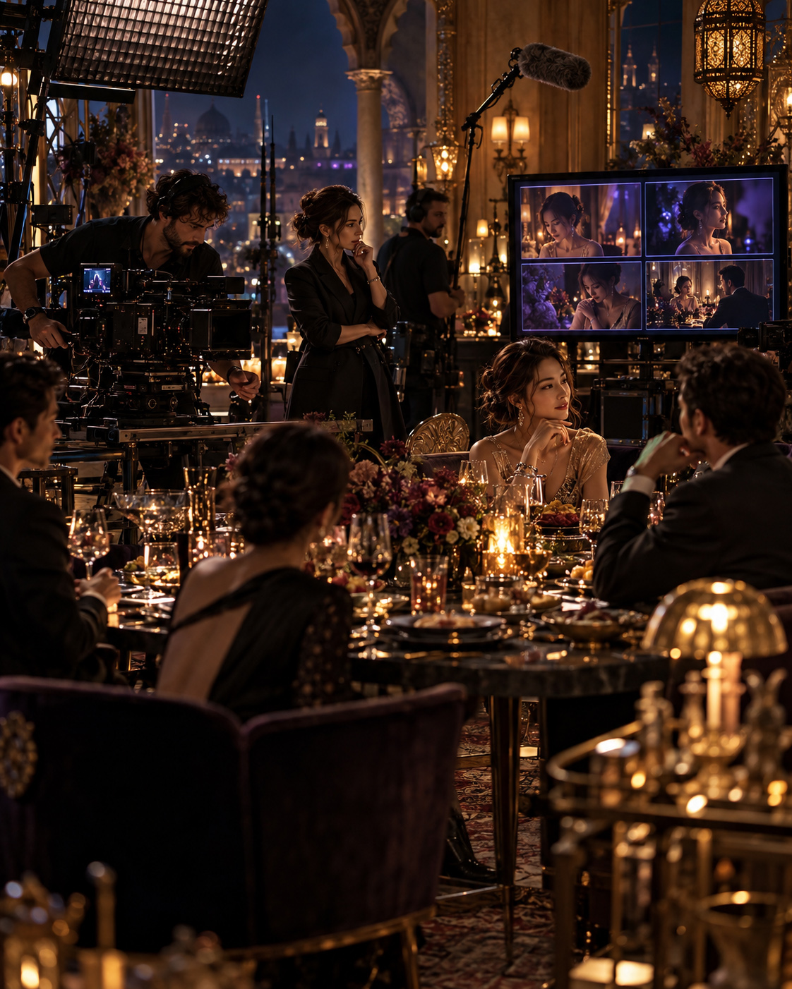 Professional videography crew filming an elegant dinner scene with multiple performers while monitoring close-ups, dialogue coverage, lighting, and sound in a cinematic interior.