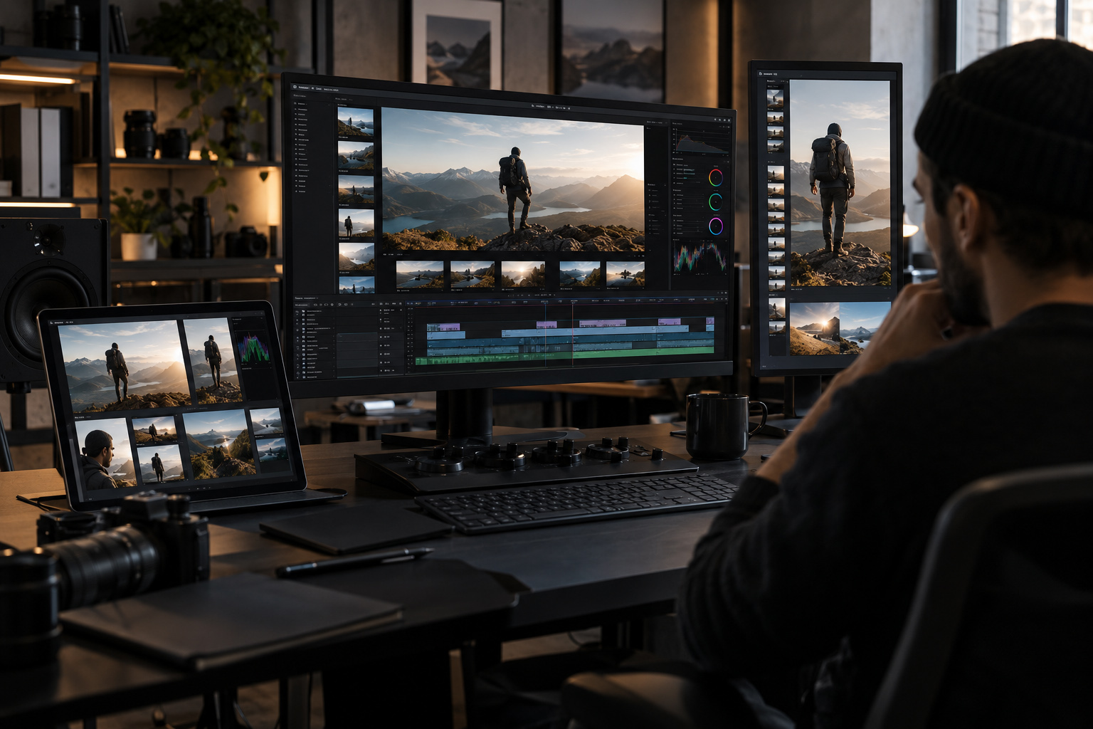 Video editor preparing cinematic footage across horizontal and vertical screens for multi-platform video delivery and content adaptation.