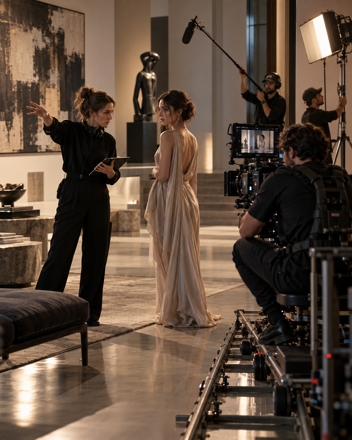 Videography director guides a female performer while a camera operator films from a professional dolly track with lighting and boom sound support.