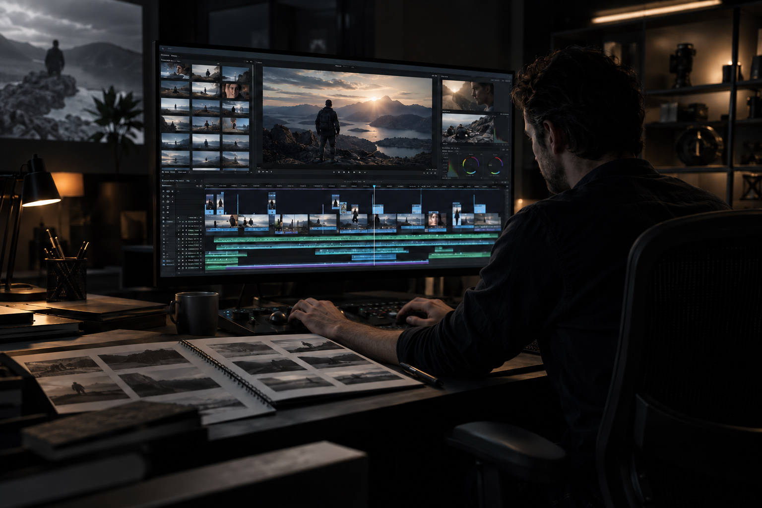 Video editor assembling cinematic footage, sequencing shots and refining a professional film on a large post-production timeline.