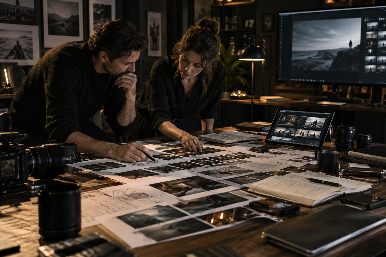 Creative team reviewing visual references, storyboards and shot ideas during pre-production planning for a professional video project.