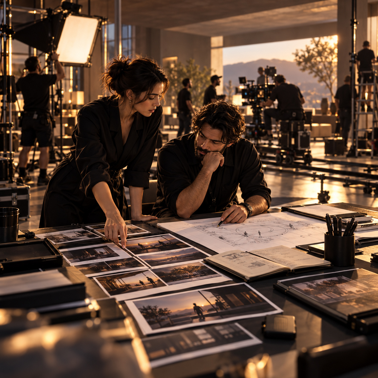 Two videography professionals review storyboard images and a spatial production plan while a film crew prepares camera and lighting equipment in the background.