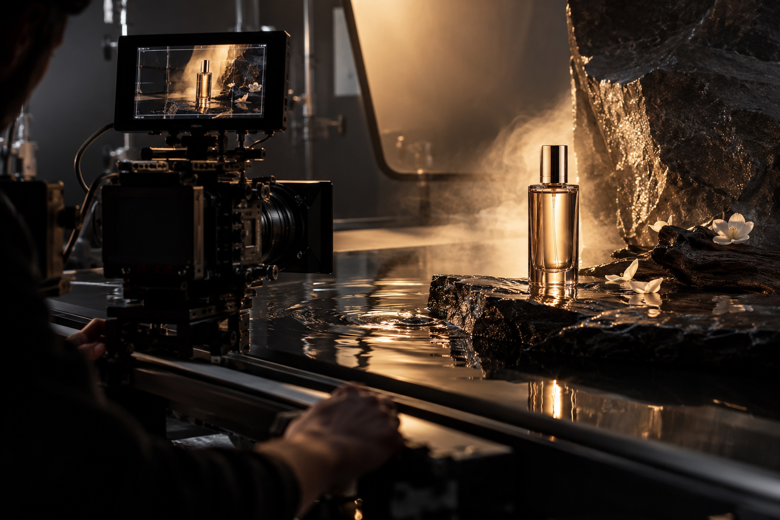 Professional cinema camera filming a premium fragrance product with controlled lighting, reflective water, rocks and atmospheric effects.