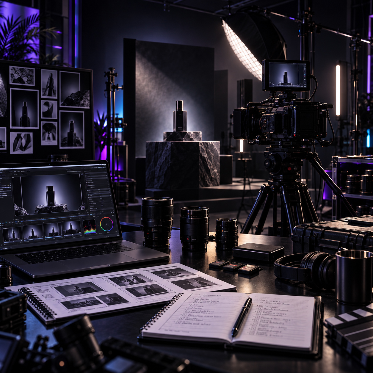 Professional cinematic product studio with cinema camera, controlled lighting, premium product display, production laptop, lenses, and shot planning materials.