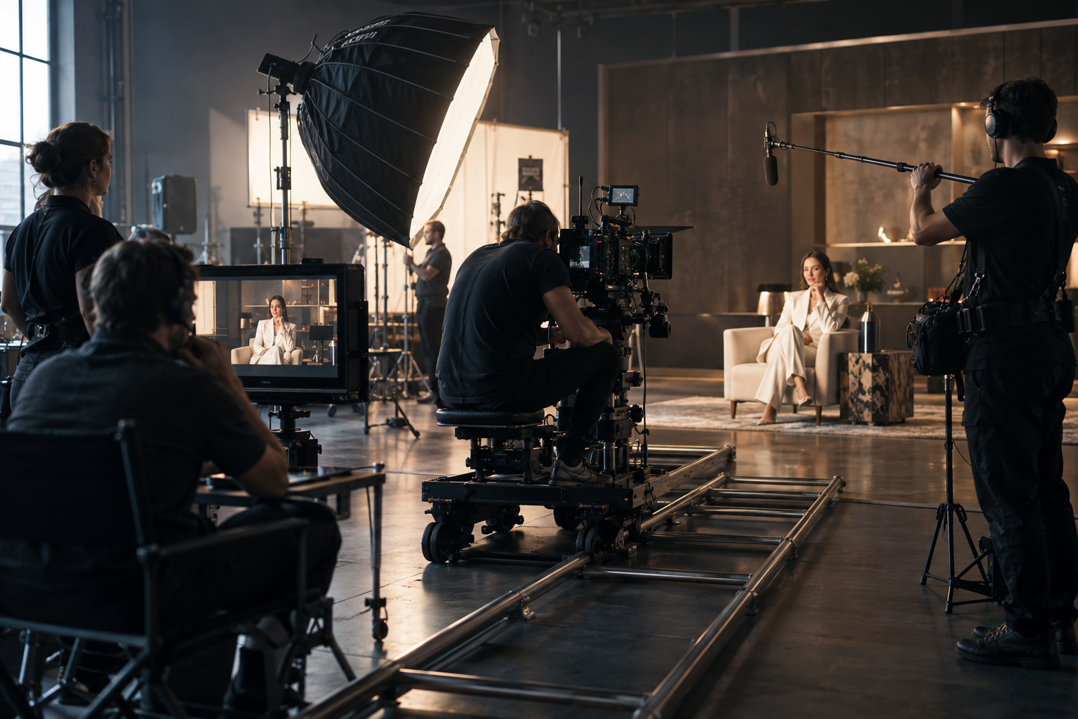 Professional film crew operating cinema camera, lighting and boom microphone equipment during a controlled studio video production.