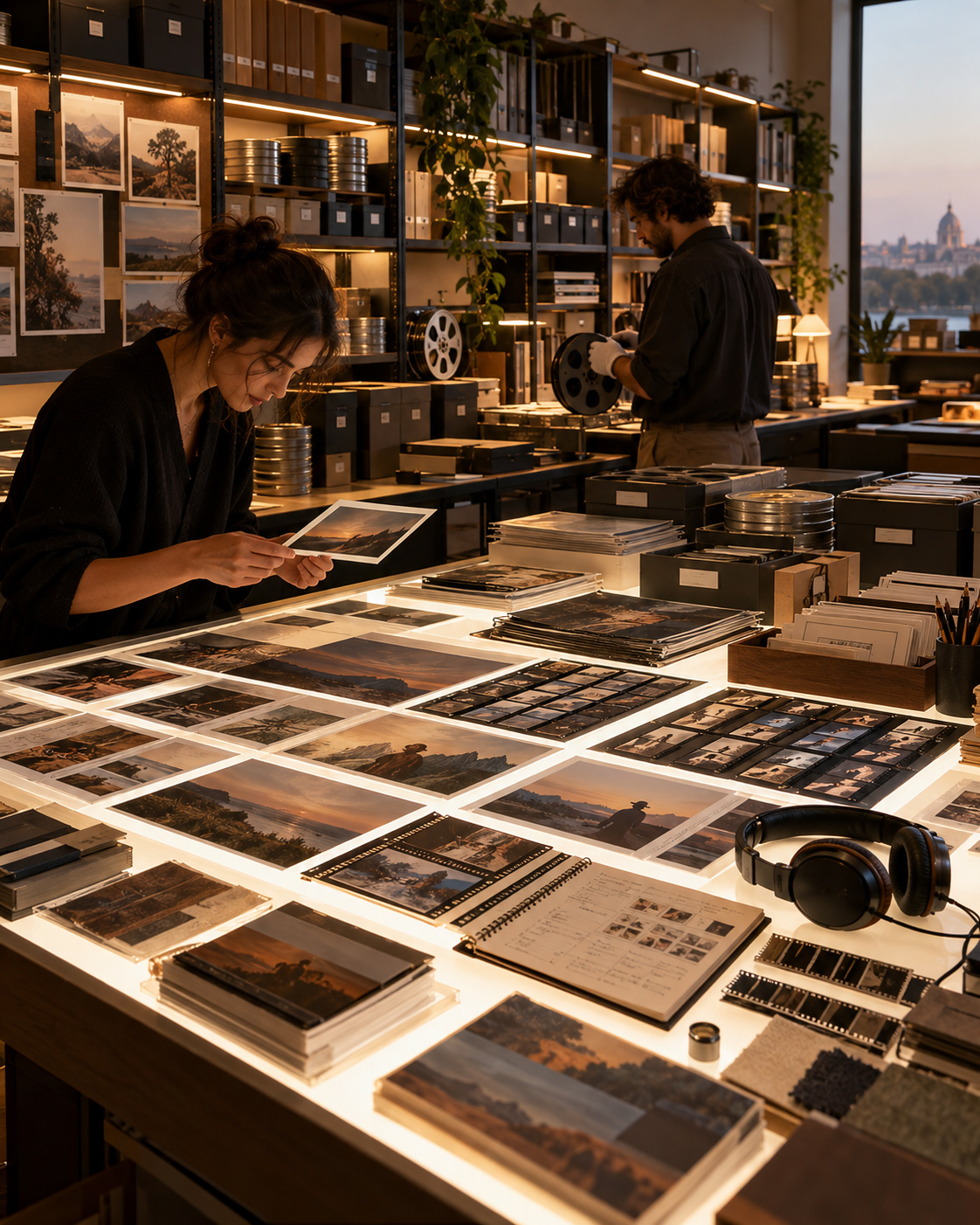 Creative team reviewing photographic prints, film reels, contact sheets, and archived production materials in a professional visual archive studio.