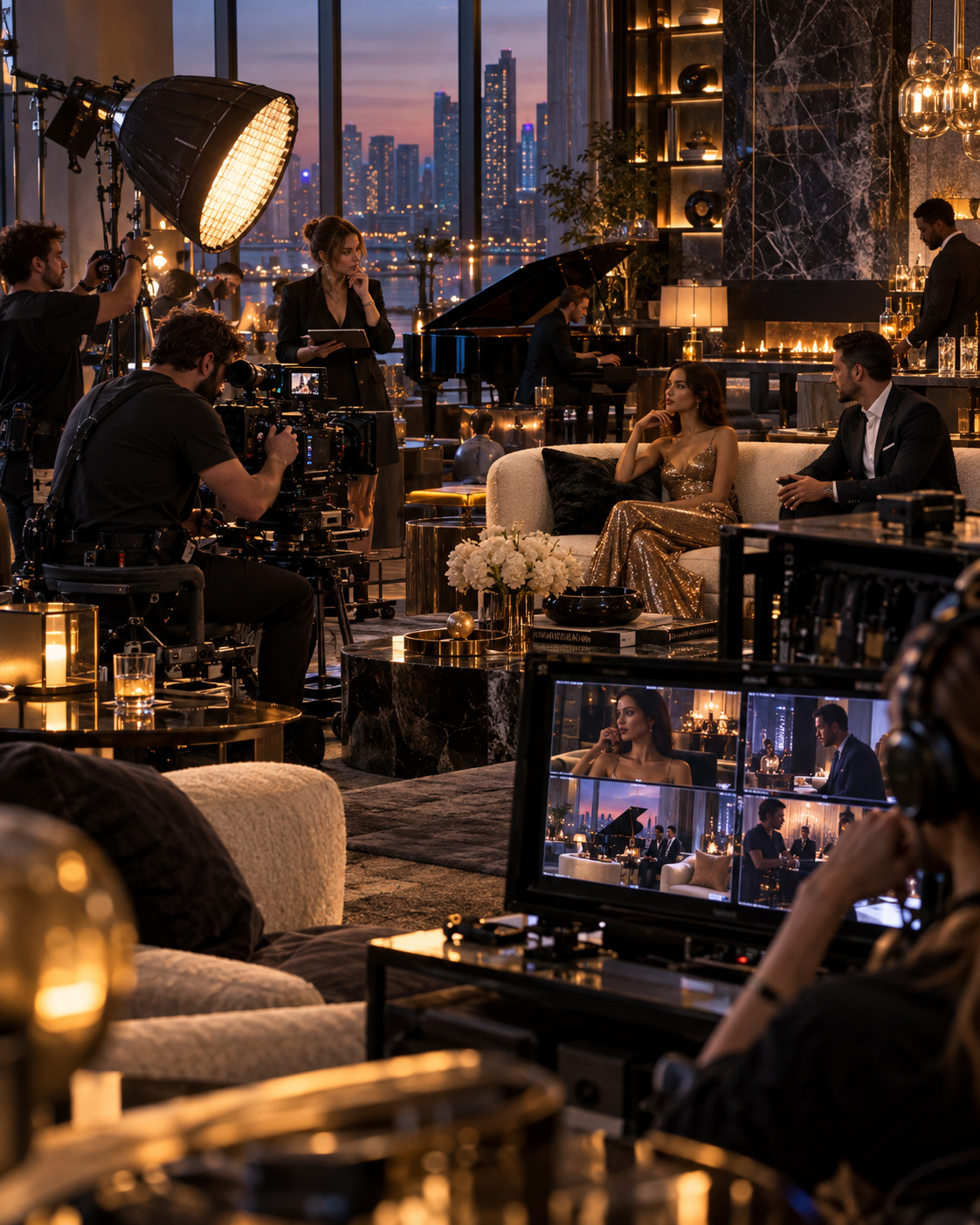 Professional videography crew filming two performers in a luxury evening interior while coordinating camera framing, lighting, performance, and multi-angle monitoring.