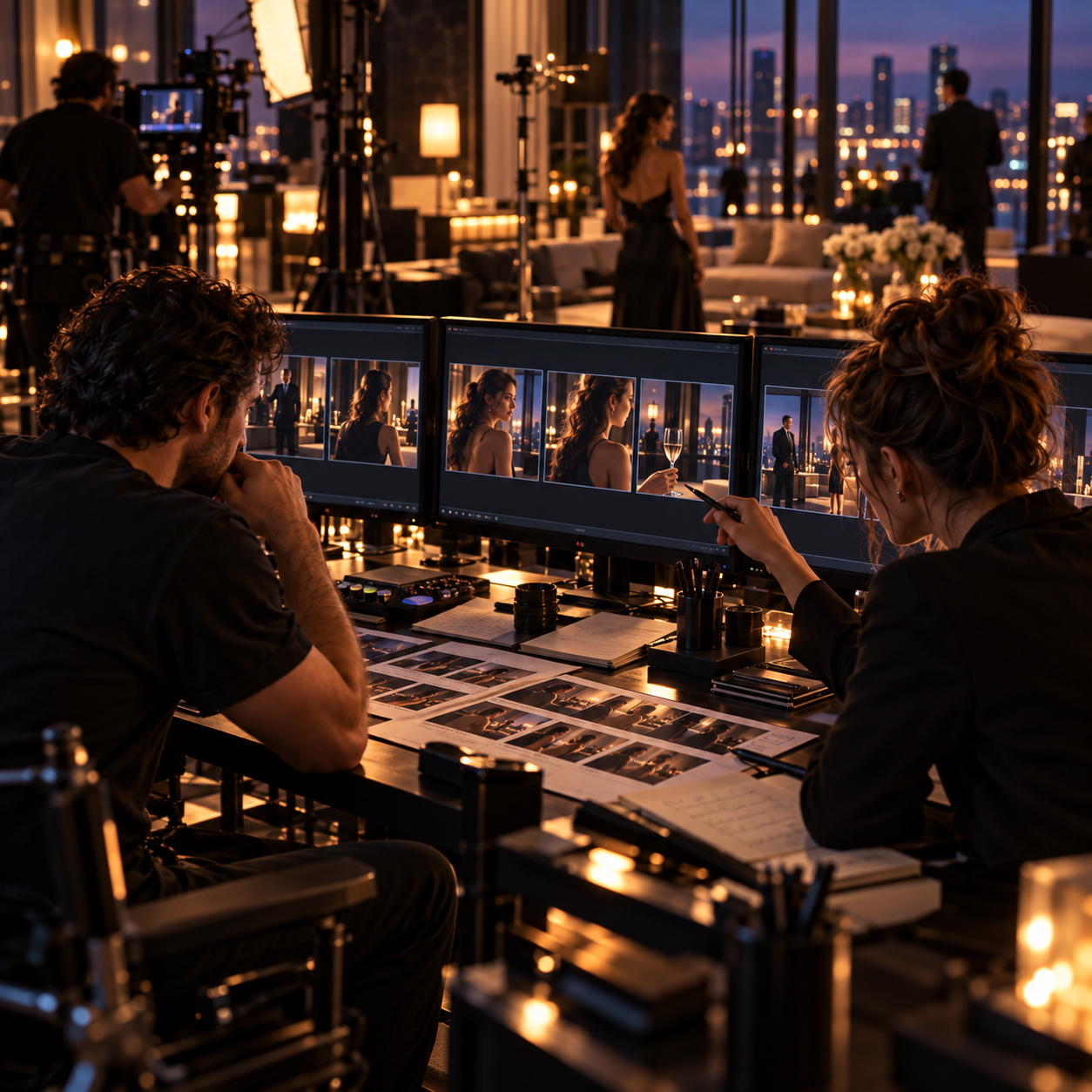 Two videography professionals compare multiple cinematic shots across production monitors while reviewing storyboard material during an active evening shoot.