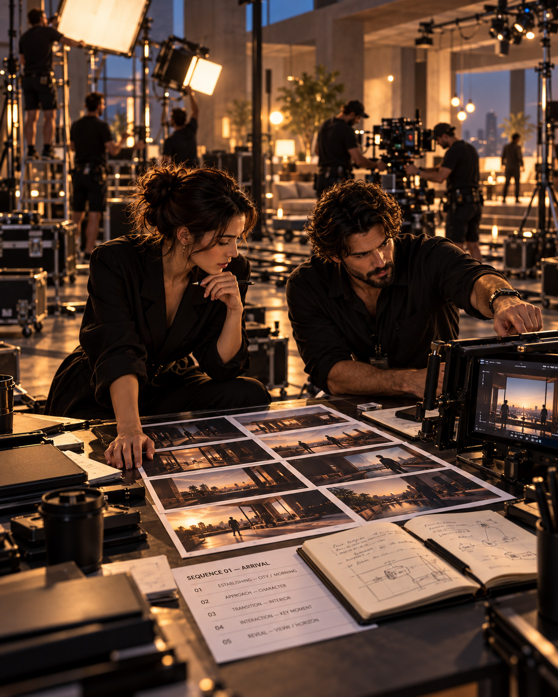Two videography professionals review storyboard frames, shot sequences, and production notes on an active film set while camera and lighting crews prepare in the background.