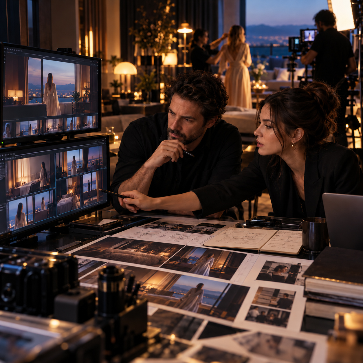 Two videography professionals review multiple filmed scenes on studio monitors and printed storyboards while a production crew continues filming in the background.